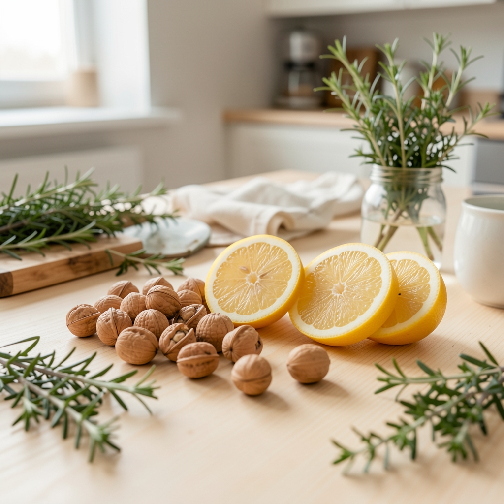 Frisches Brokkoli und Walnüsse auf hellem Holztisch, natürliches Tageslicht, schlichte Küchenkomposition mit Zitrone und Kräutern
